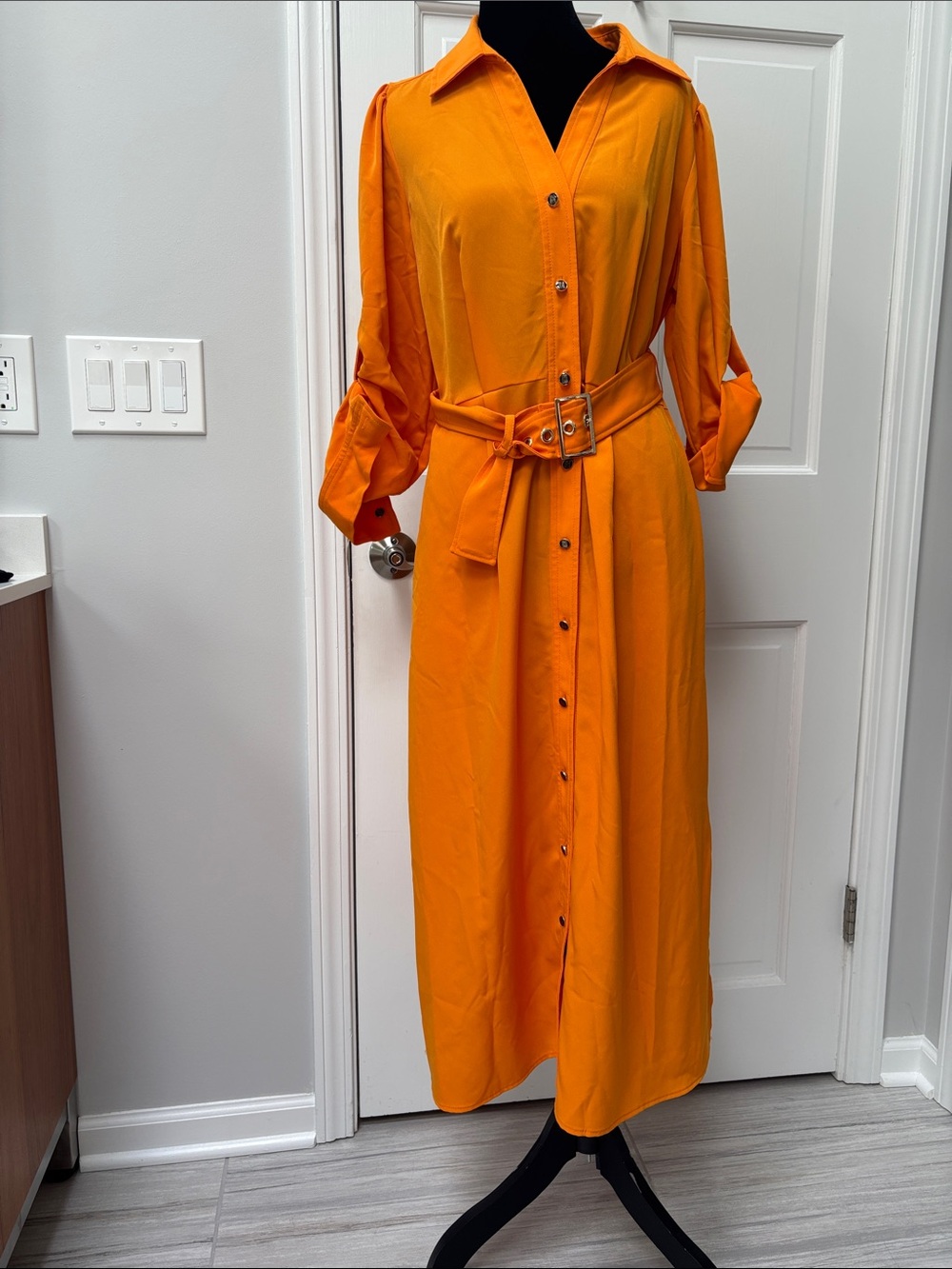 Karl Lagerfeld Vibrant Orange Long Sleeve Belted Maxi Shirt Dress